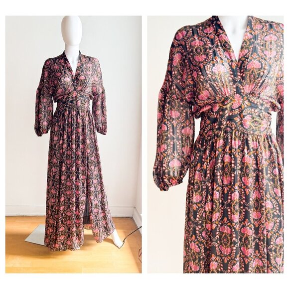 Zara Dark Florals Wrap Long Sleeve Chiffon Maxi Dress S - Picture 1 of 9